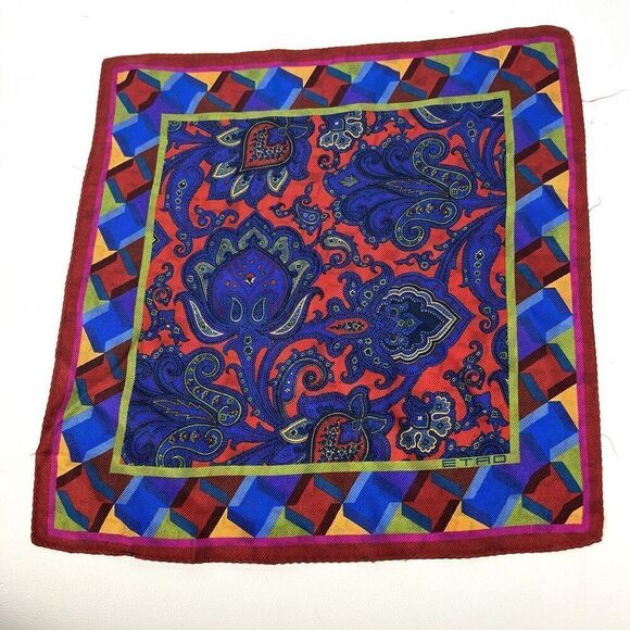 Etro Scarf Hand Rolled 100% Silk Printed 13.75” Square  Pochette Gavroche - Picture 1 of 6